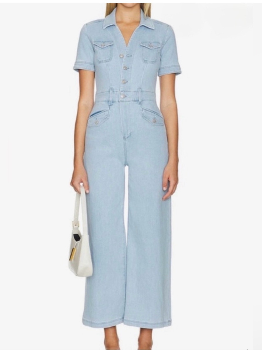 PAIGE Light Wash Collared Wide-Leg Denim Jumpsuit